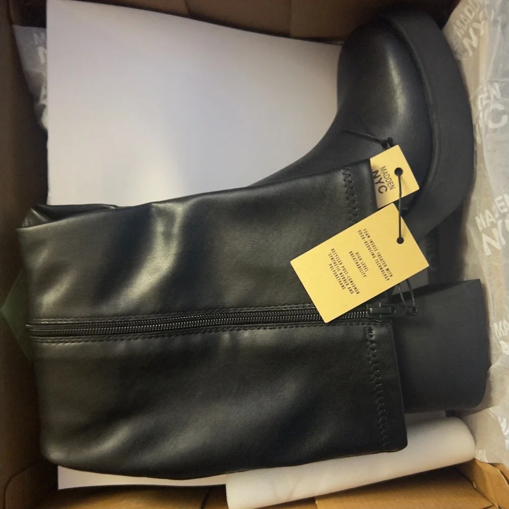 New Steve Madden Deegan Lug-Sole Knee-High Block-Heel Boots in Black Size 9 - Picture 9 of 10